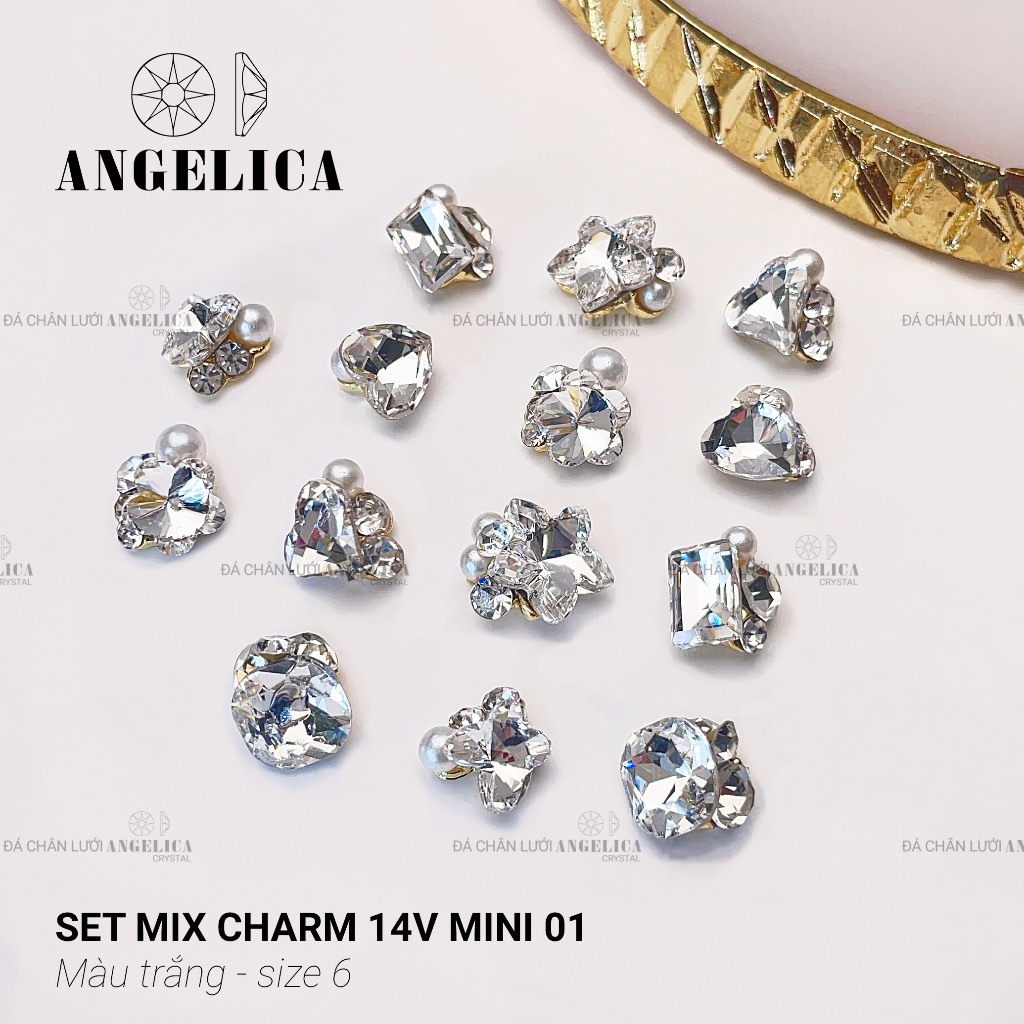 Set 14 charm đá khối tròn size 6-8mm chân nhọn chụm sẵn chân vàng ANGELICA