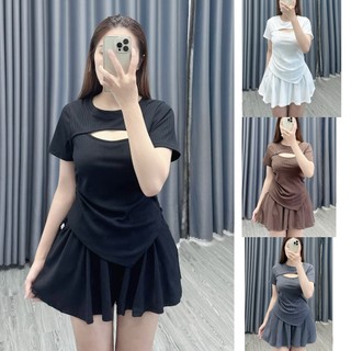Set đồ nữ NHỎ CLOTHING bigsize áo thun rút eo kèm quần xòe chất vải gân lên phom tôn đáng mũm mĩm mặc xinh SET817