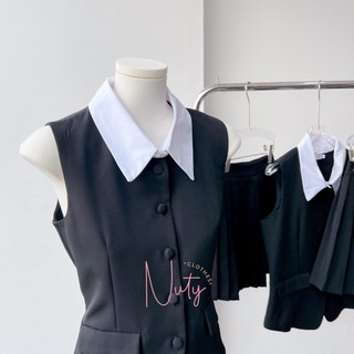 Set Áo Gile Cổ Phối Rời Mix Chân Váy Dáng Ngắn Xếp Ly Màu Đen Tôn Dáng Sang Chảnh Đi Tiệc Chơi Đều Xinh