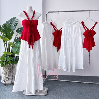Set Váy Maxi Diện Tết Áo 2s Yếm Viền Bèo Mix Chân Váy Xoè Dáng Dài 2 Lớp