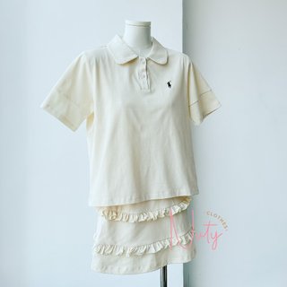 Set Đồ Nữ Màu Kem Thể Thao Năng Động Áo Polo Thêu Ngựa Kèm Chân Váy Xếp Ly Bèo Ngắn