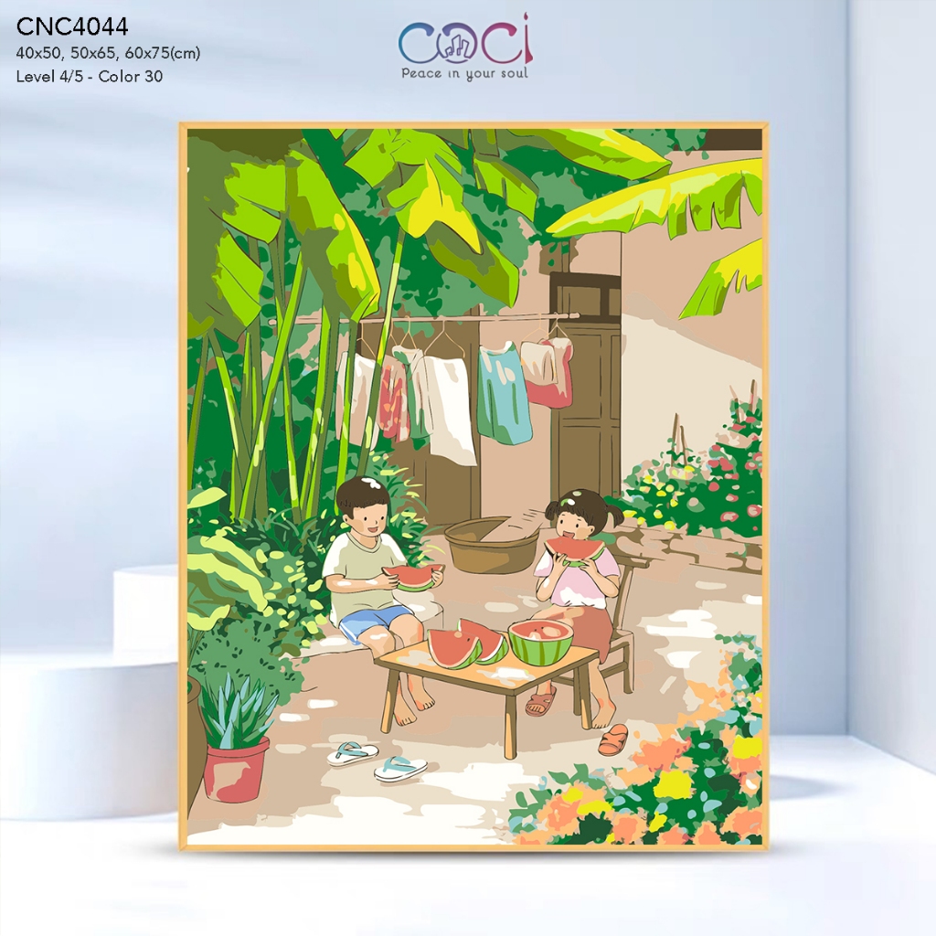 Tranh tô màu theo số gia đình thời thơ ấu COCI tự tô theo số hóa có kèm khung mã CNC4044