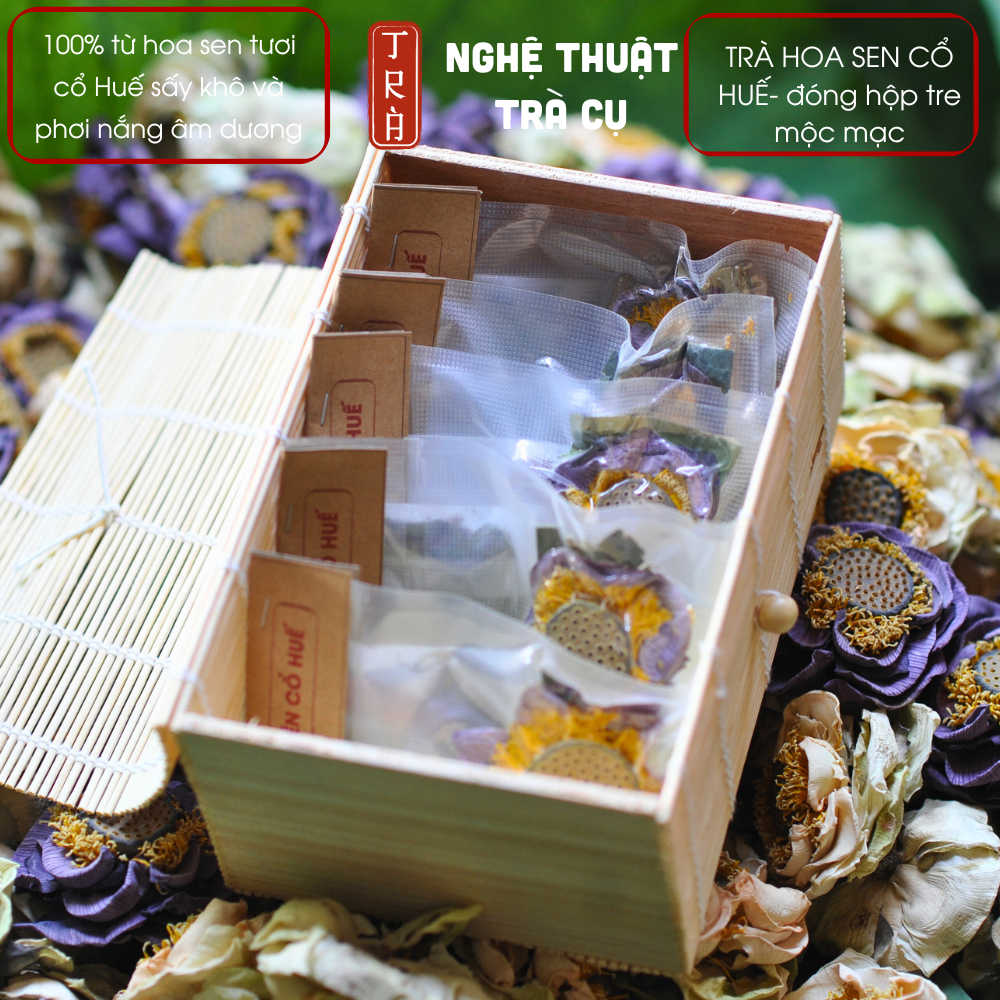[Thư Vương Trà] - Trà hoa sen hồng cổ Huế tiến vua, kèm cỏ ngọt và quế đóng hộp giấy và tre mộc mạc