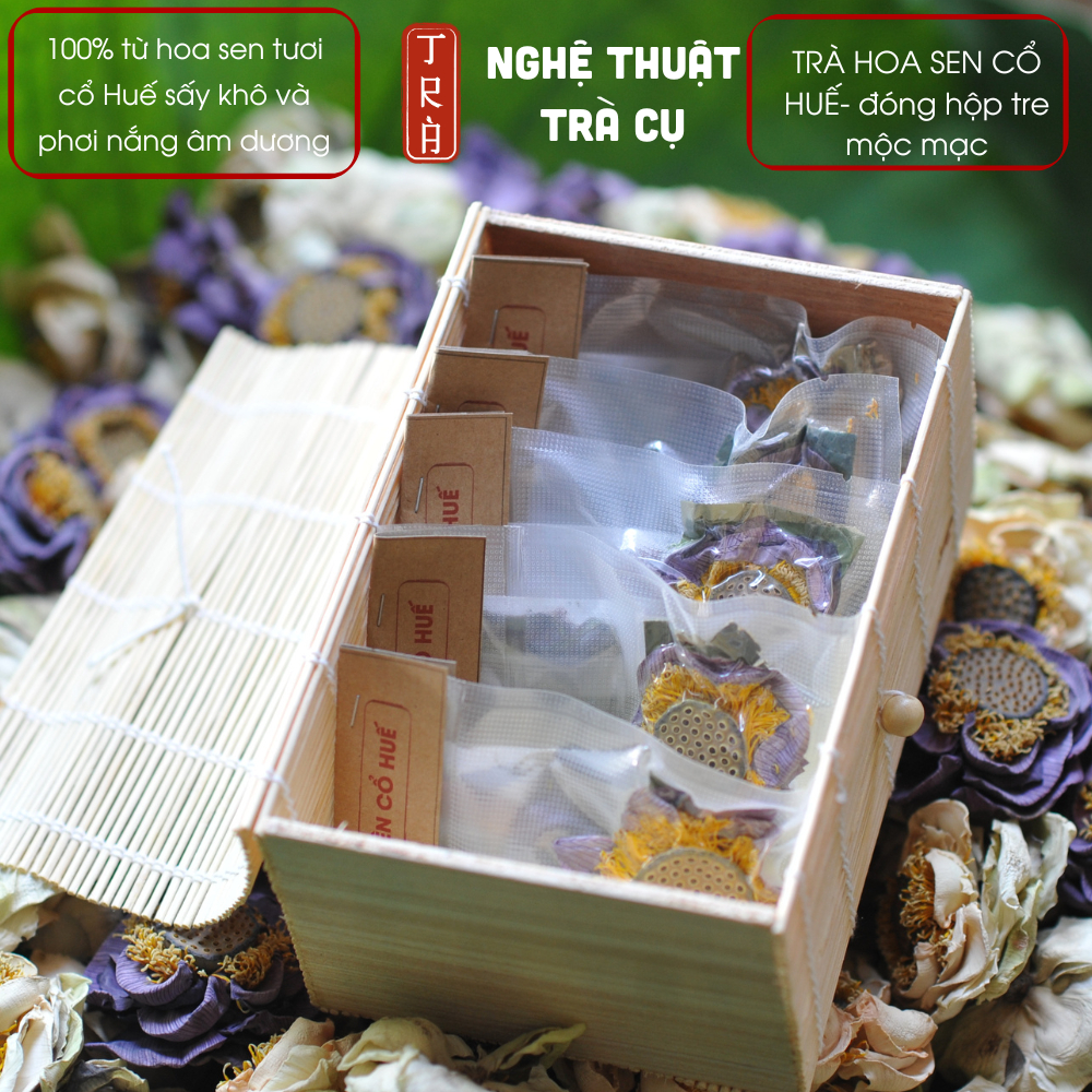 [Thư Vương Trà] - Trà hoa sen hồng cổ Huế tiến vua, kèm cỏ ngọt và quế đóng hộp giấy và tre mộc mạc