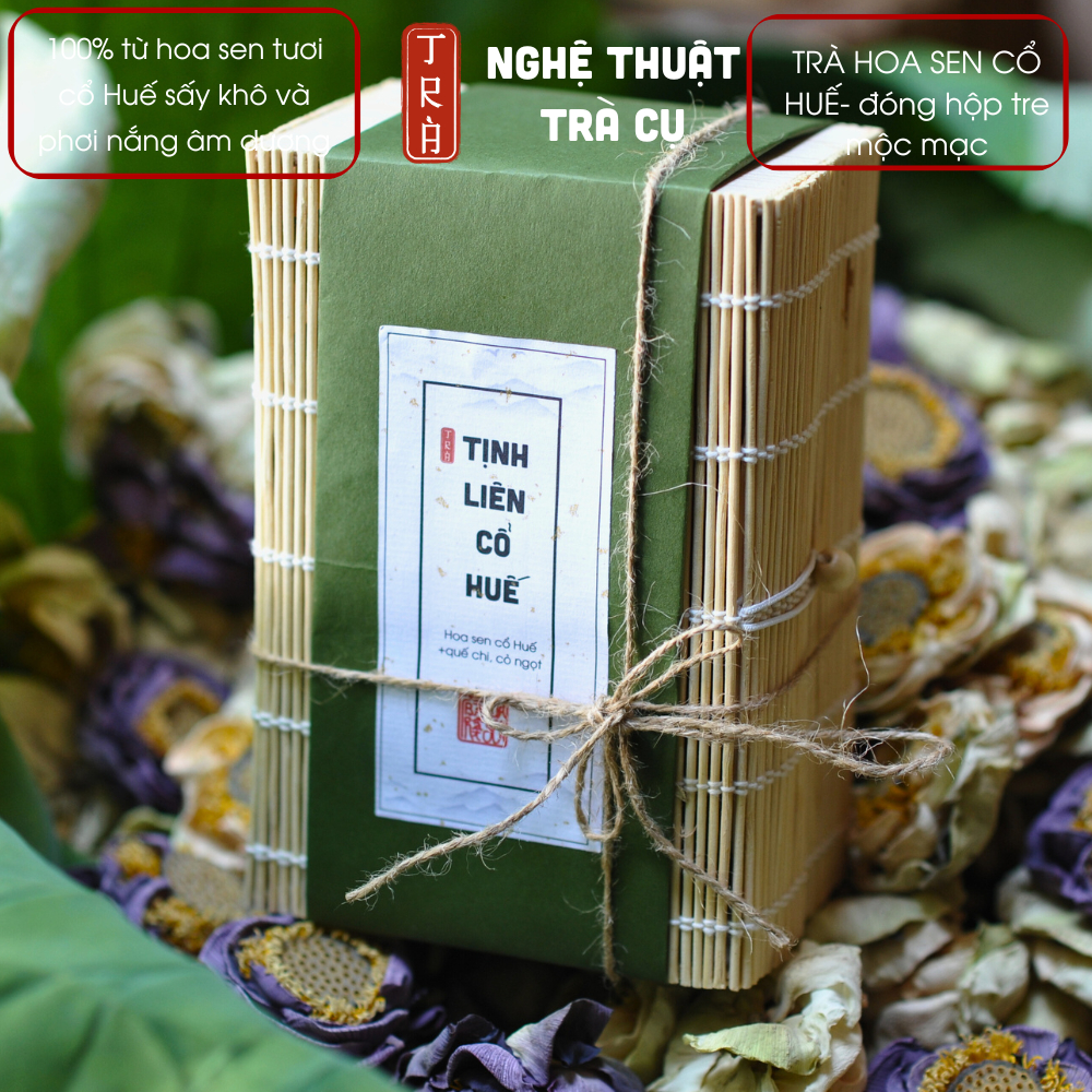 [Thư Vương Trà] - Trà hoa sen hồng cổ Huế tiến vua, kèm cỏ ngọt và quế đóng hộp giấy và tre mộc mạc
