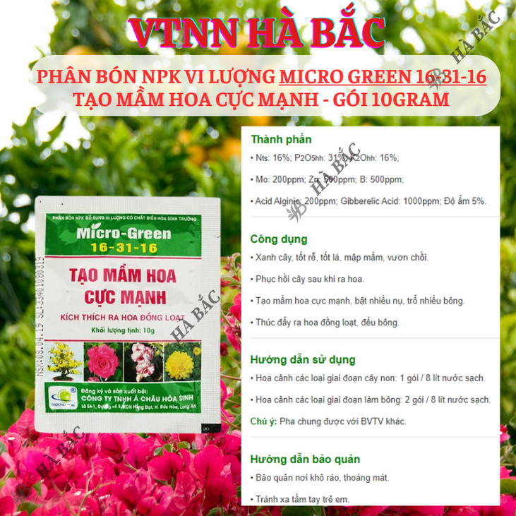 Phân Bón Lá NPK Micro-Green 16-31-16 (10gram), Bổ Sung Vi Lượng Và Chất Điều Hoà Sinh Trưởng, tạo mầm hoa cực mạnh