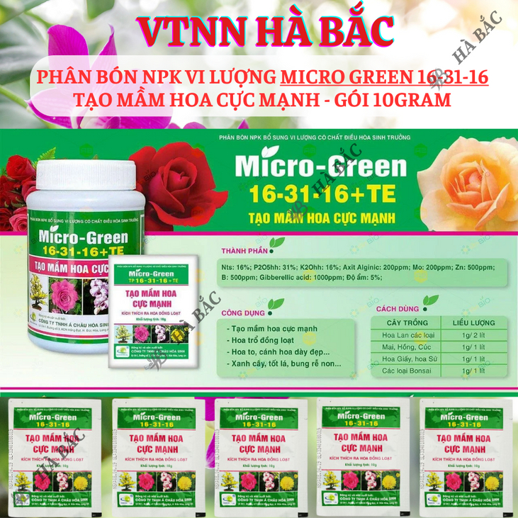 Phân Bón Lá NPK Micro-Green 16-31-16 (10gram), Bổ Sung Vi Lượng Và Chất Điều Hoà Sinh Trưởng, tạo mầm hoa cực mạnh