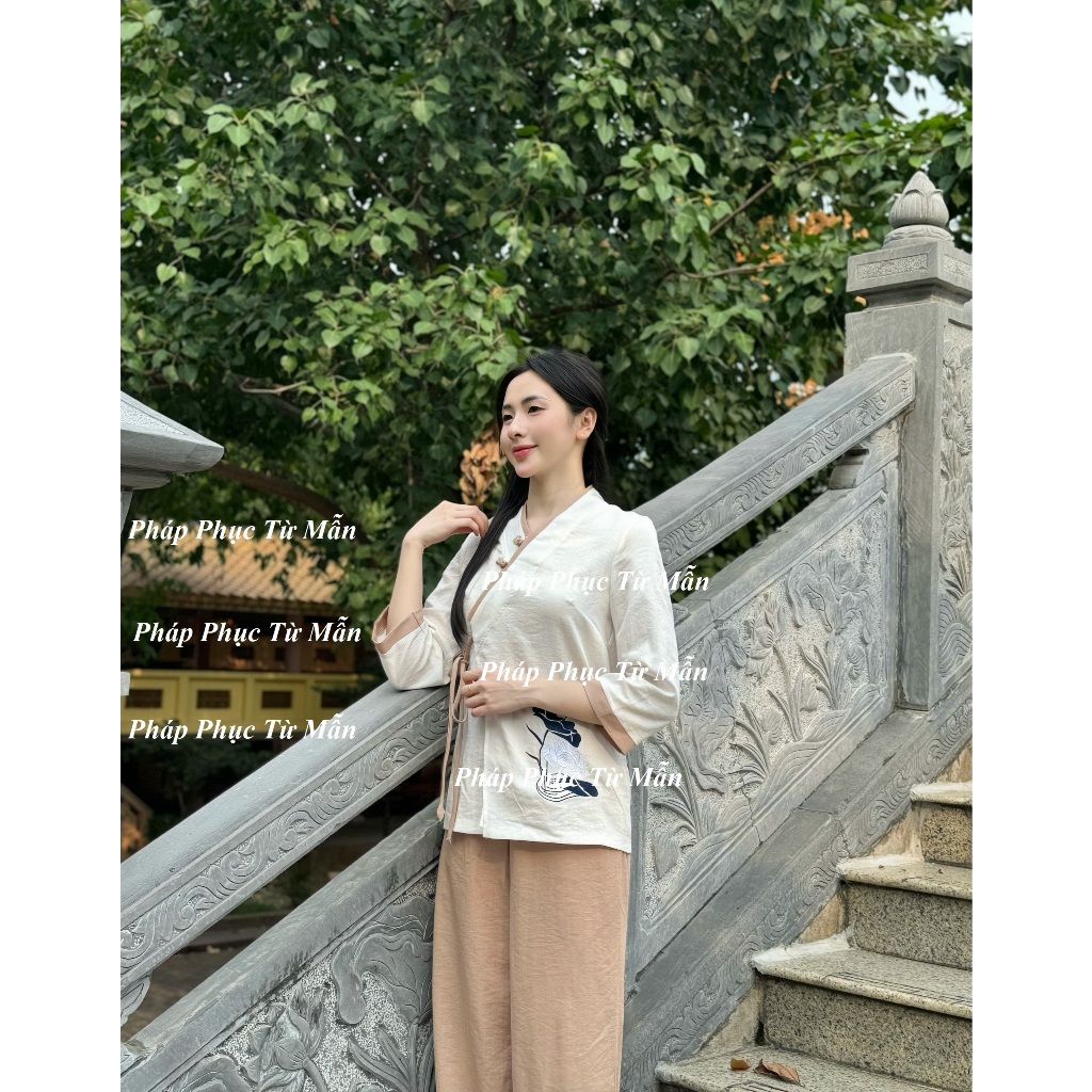 Set đồ đi chùa truyền thống vạt chéo thêu hoa vải đũi Pháp phục lễ chùa khuy tết Đồ lam nữ tay nỡ thắt nơ đi tu tập