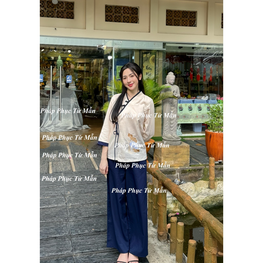 Set đồ đi chùa truyền thống vạt chéo thêu hoa vải đũi Pháp phục lễ chùa khuy tết Đồ lam nữ tay nỡ thắt nơ đi tu tập