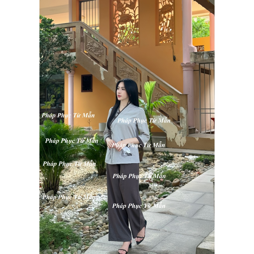 Set đồ đi chùa truyền thống vạt chéo thêu hoa vải đũi Pháp phục lễ chùa khuy tết Đồ lam nữ tay nỡ thắt nơ đi tu tập