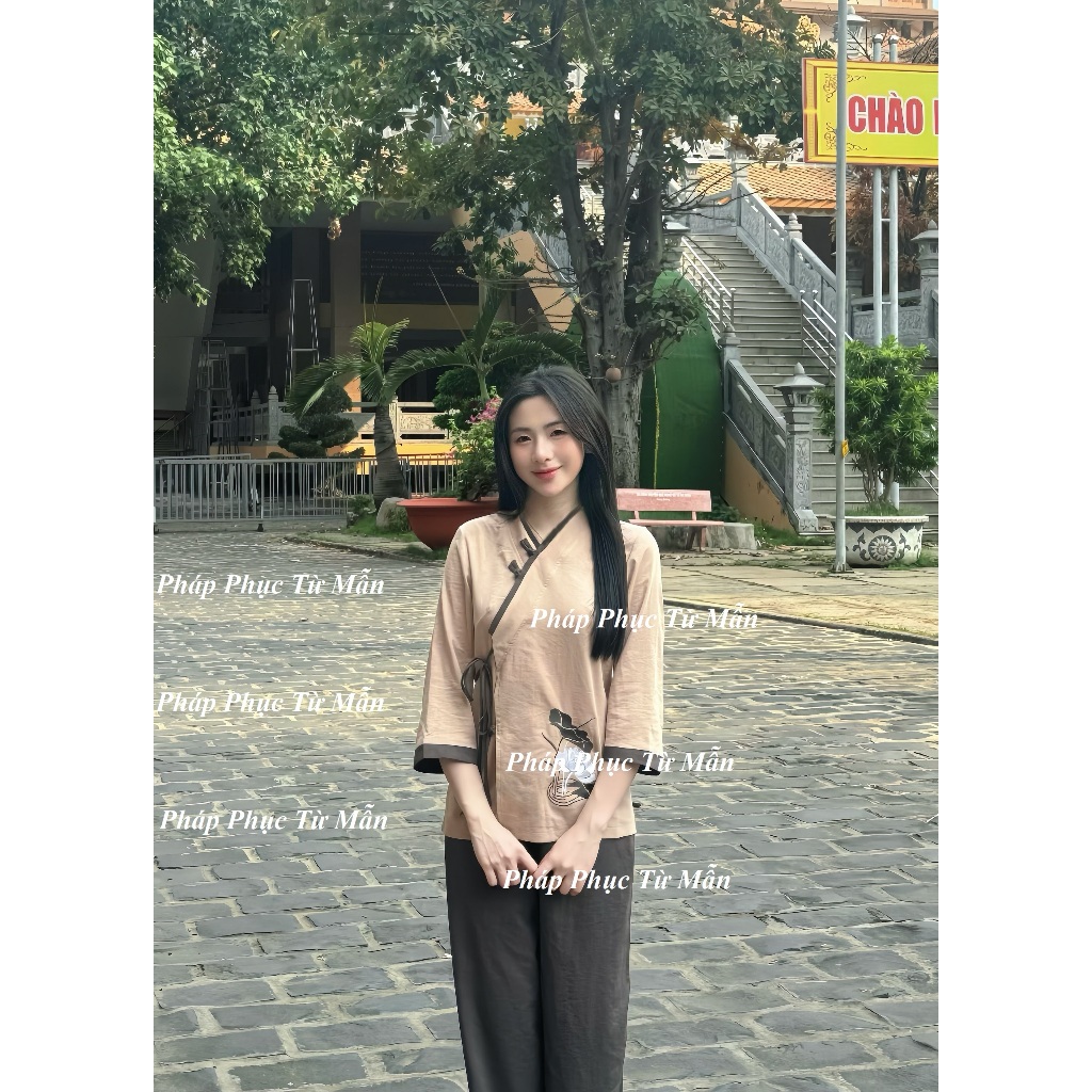 Set đồ đi chùa truyền thống vạt chéo thêu hoa vải đũi Pháp phục lễ chùa khuy tết Đồ lam nữ tay nỡ thắt nơ đi tu tập