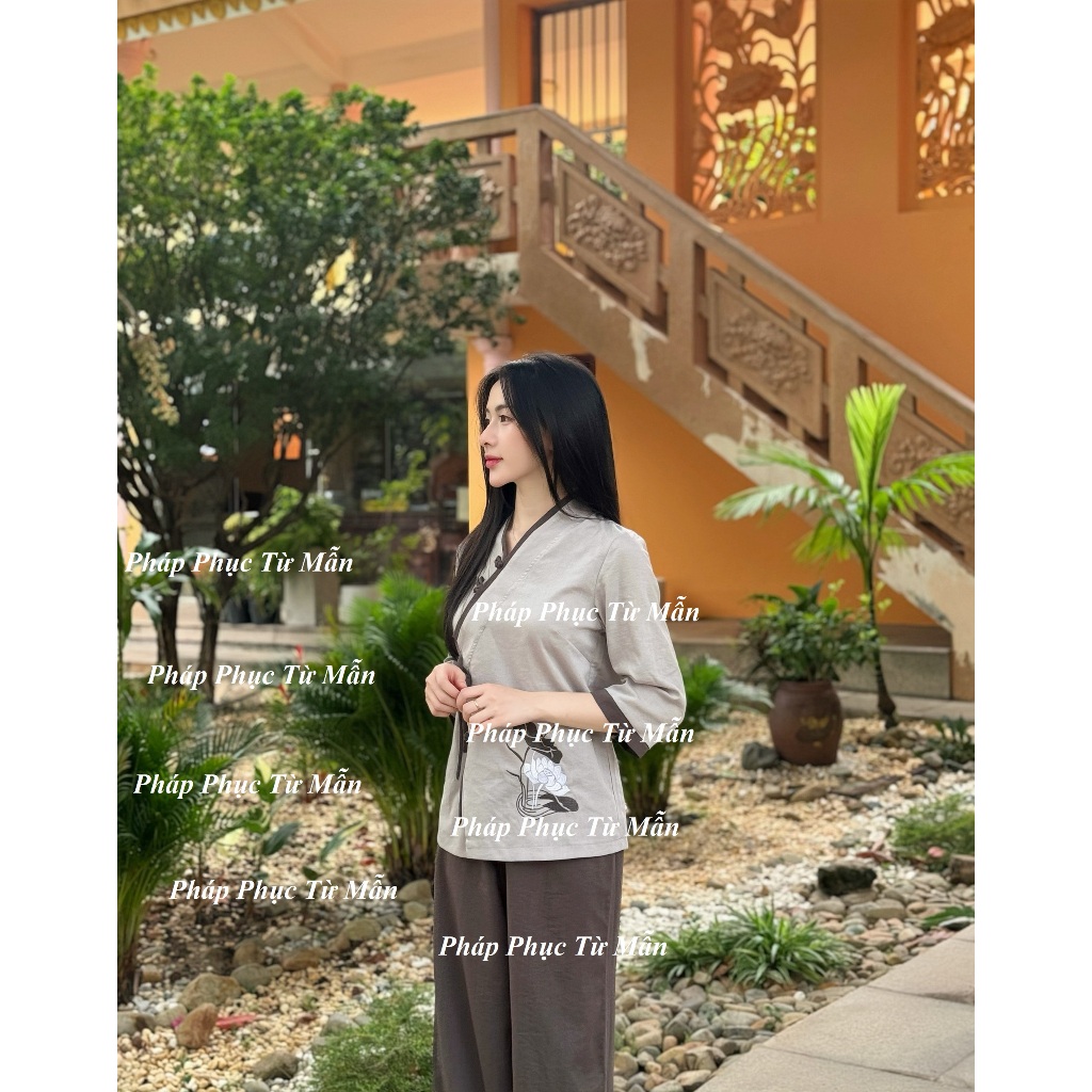Set đồ đi chùa truyền thống vạt chéo thêu hoa vải đũi Pháp phục lễ chùa khuy tết Đồ lam nữ tay nỡ thắt nơ đi tu tập