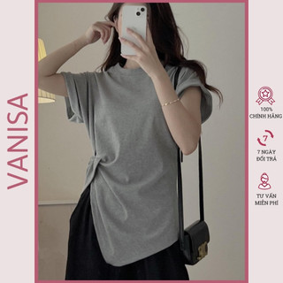 Áo Thun nữ vạt chéo kiểu rút dây tay ngắn xẻ tà trắng đen xinh đẹp co giãn 4 chiều VANISA CT057