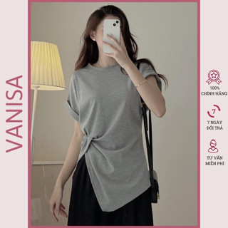 Áo Thun vạt chéo nữ kiểu tay ngắn xẻ tà trắng đen xinh đẹp co giãn 4 chiều VANISA CT057