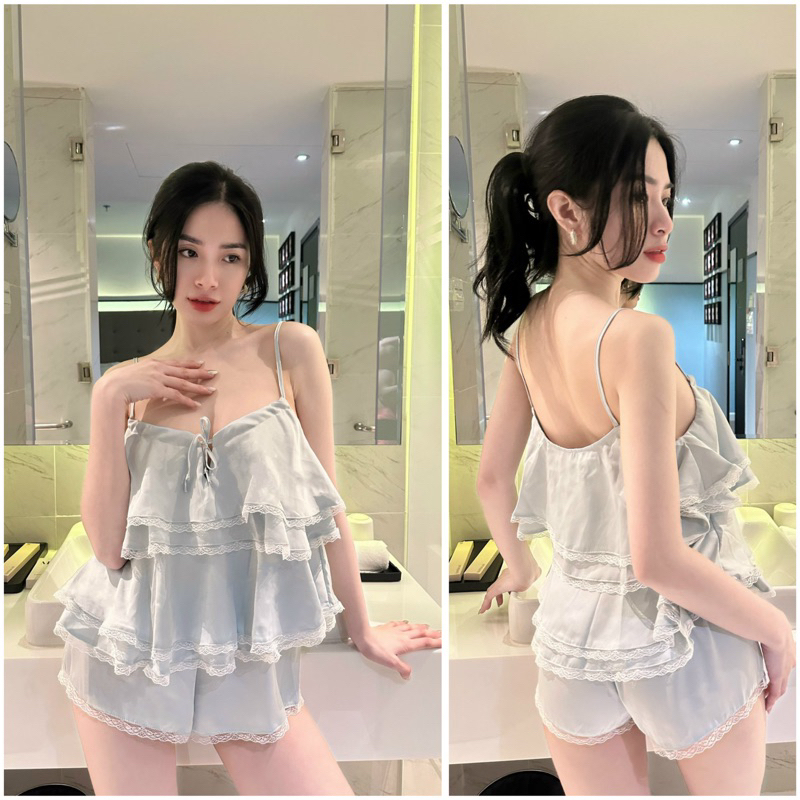 Veroa Set - Áo lụa cotton nhún bèo vừa vặn và quần dài ống rộng denim ống thẳng