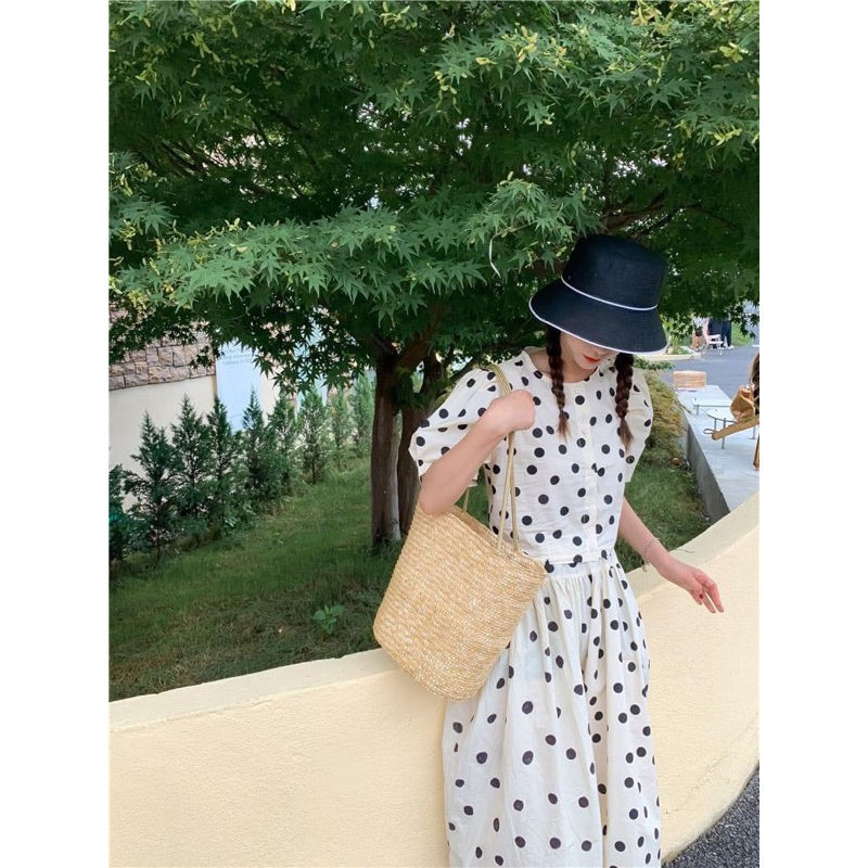 Set bộ nữ F0832 chấm bi đi biển mùa hè – áo quần nữ trendy, thời trang trẻ trung, size S–M (40–50kg)