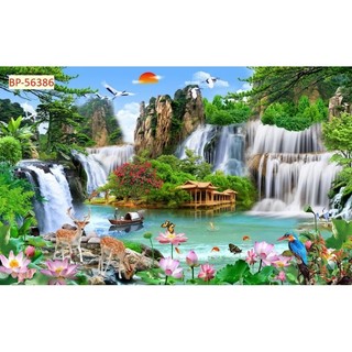 Tranh sơn thủy hữu tình, tranh phong cảnh thác nước tranh 3D dán tường in trên chất liệu vải lụa (shop tặng kèm keo dán)