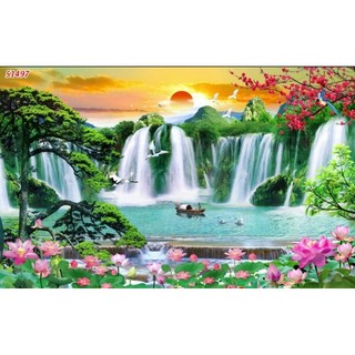 Tranh sơn thủy hữu tình, tranh phong cảnh thác nước tranh 3D dán tường in trên chất liệu vải lụa (shop tặng kèm keo dán)
