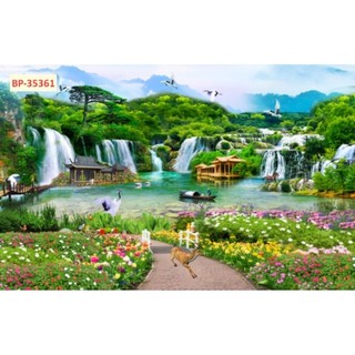 Tranh sơn thủy hữu tình, tranh phong cảnh thác nước tranh 3D dán tường in trên chất liệu vải lụa (shop tặng kèm keo dán)