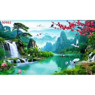 Tranh sơn thủy hữu tình, tranh phong cảnh thác nước tranh 3D dán tường in trên chất liệu vải lụa (shop tặng kèm keo dán)