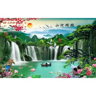 Tranh sơn thủy hữu tình, tranh phong cảnh thác nước tranh 3D dán tường in trên chất liệu vải lụa (shop tặng kèm keo dán)
