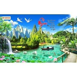 Tranh sơn thủy hữu tình, tranh phong cảnh thác nước tranh 3D dán tường in trên chất liệu vải lụa (shop tặng kèm keo dán)