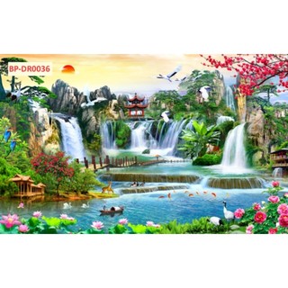 Tranh sơn thủy hữu tình, tranh phong cảnh thác nước tranh 3D dán tường in trên chất liệu vải lụa (shop tặng kèm keo dán)