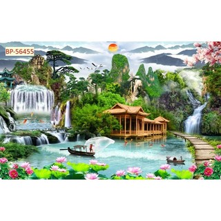 Tranh sơn thủy hữu tình, tranh phong cảnh thác nước tranh 3D dán tường in trên chất liệu vải lụa (shop tặng kèm keo dán)