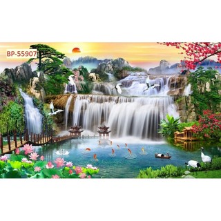 Tranh sơn thủy hữu tình, tranh phong cảnh thác nước tranh 3D dán tường in trên chất liệu vải lụa (shop tặng kèm keo dán)