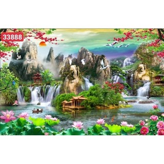 Tranh sơn thủy hữu tình, tranh phong cảnh thác nước tranh 3D dán tường in trên chất liệu vải lụa (shop tặng kèm keo dán)
