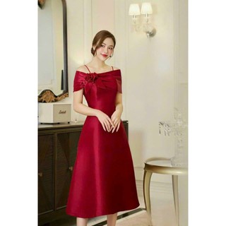 Đầm xòe bẹt vai bông hai lá sang trọng thanh lịch màu đỏ, đen, trắng, vàng.X026