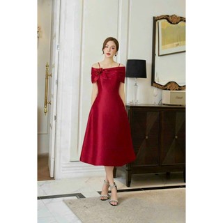 Đầm xòe bẹt vai bông hai lá sang trọng thanh lịch màu đỏ, đen, trắng, vàng.X026
