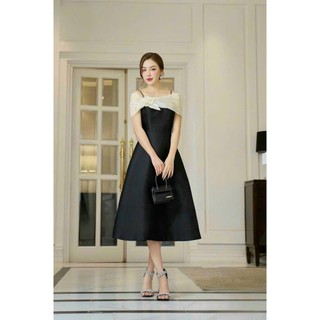 Đầm xòe bẹt vai bông hai lá sang trọng thanh lịch màu đỏ, đen, trắng, vàng.X026