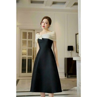 Đầm xòe bẹt vai bông hai lá sang trọng thanh lịch màu đỏ, đen, trắng, vàng.X026