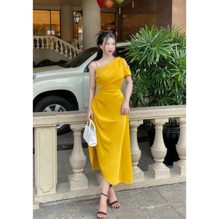 Đầm chữ A nẹp xéo vai 1 dây sang trọng thanh lịch màu đỏ, đen, hồng, vàng, xanh lá. A013