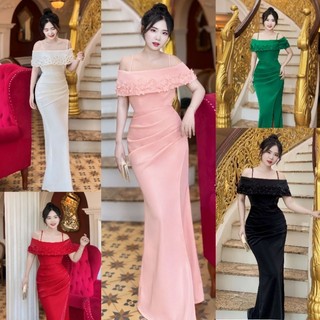 Đầm Dạ hội thiết kế bẹt vai đính bông cao cấp tko