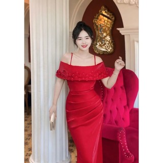 Đầm Dạ hội thiết kế bẹt vai đính bông cao cấp tko