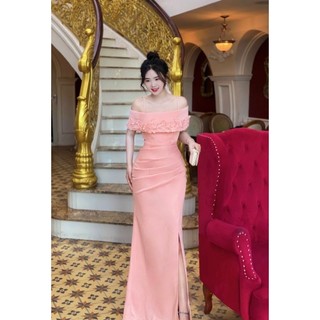Đầm Dạ hội thiết kế bẹt vai đính bông cao cấp tko