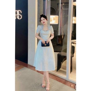 Đầm xòe gấm Tafta đính đá thanh lịch sanng trọng màu đen, màu xanh lá, màu hồng, màu trắng.X036