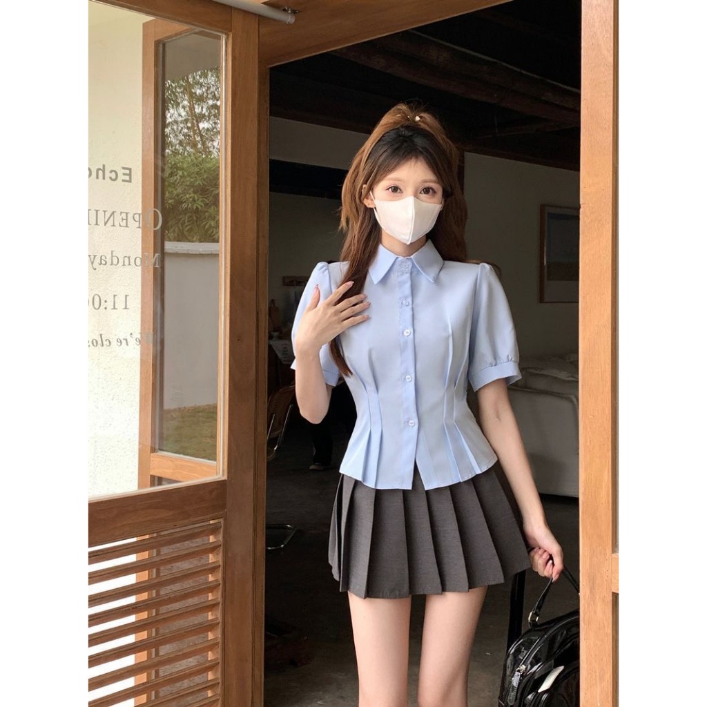 Áo sơ mi mùa hè nữ form croptop chiết eo tôn dáng thời trang Hàn Quốc hottrend hàng QCCC SP116