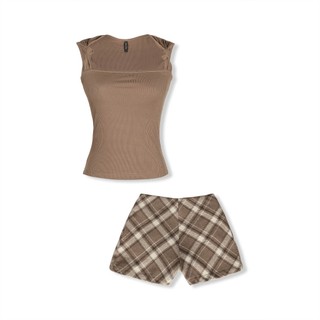 [Deal Độc Quyền] Set Nữ Style Sleeveless Top Checked Short Áo Vải Thun Tăm Chân Váy Bố Nỉ Caro, WSB118 SOME HOW STORE