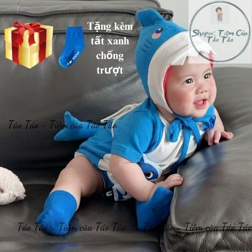 Deal Giảm 10% - Ship Hỏa Tốc Set bodysuit CÁ MẬP kèm mũ, túi đeo chéo, tặng tất xanh cover hàn cho bé 3-13kg đi biển
