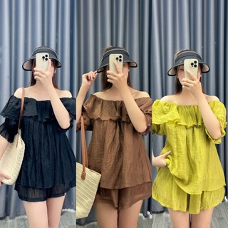 Set đồ NHỎ CLOTHING bigsize nữ áo tay ngắn trễ vai kèm quần đùi form rộng lưng thun chất đũi tơ cao cấp mặc mát SET820