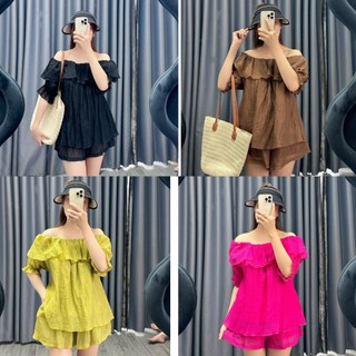 Set đồ NHỎ CLOTHING bigsize nữ áo tay ngắn trễ vai kèm quần đùi form rộng lưng thun chất đũi tơ cao cấp mặc mát SET820
