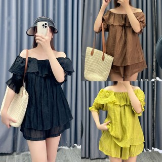 Set đồ NHỎ CLOTHING bigsize nữ áo tay ngắn trễ vai kèm quần đùi form rộng lưng thun chất đũi tơ cao cấp mặc mát SET820