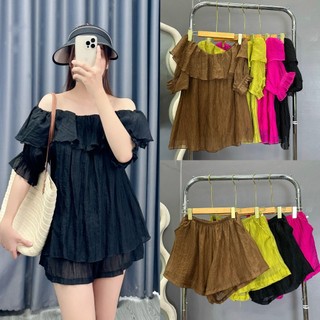 Set đồ NHỎ CLOTHING bigsize nữ áo tay ngắn trễ vai kèm quần đùi form rộng lưng thun chất đũi tơ cao cấp mặc mát SET820