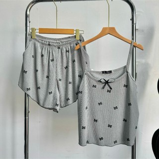Set đồ nữ áo hai dây kèm quần đùi ống rộng lưng co giãn chất gân mềm mịn họa tiết nơ xinh xắn (có bigsize) SET827/G124