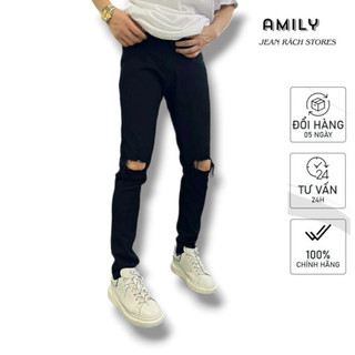 Quần Skinny Jeans Nam AMILY Màu Đen Rách Gối To Cotton Bò Co Giãn Ống Đứng Dáng Ôm Chân Chuẩn Skinny