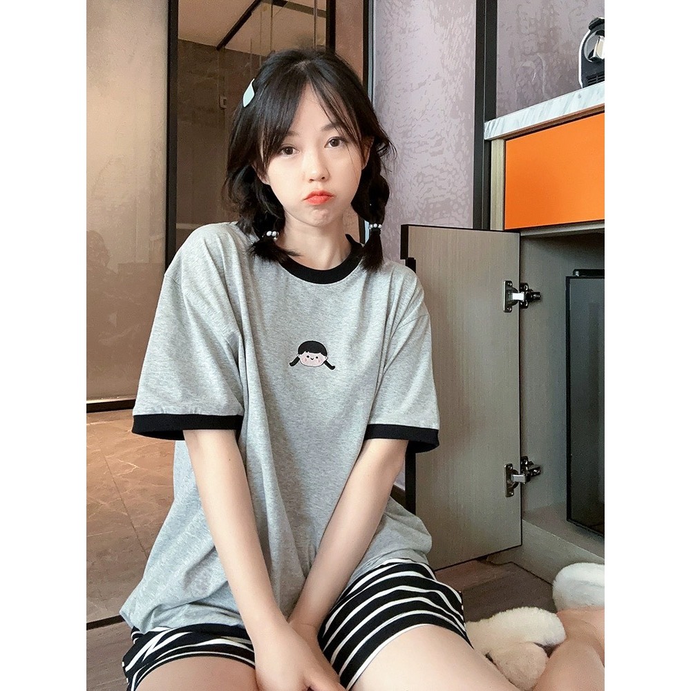 Sét bộ đùi thun nữ mặc nhà mùa hè JULY, đồ bộ nữ quần thun kẻ sọc, áo cotton xám, Sét bộ nữ mặc nhà, mặc ngủ siêu mát