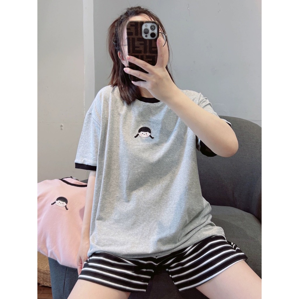 Sét bộ đùi thun nữ mặc nhà mùa hè JULY, đồ bộ nữ quần thun kẻ sọc, áo cotton xám, Sét bộ nữ mặc nhà, mặc ngủ siêu mát